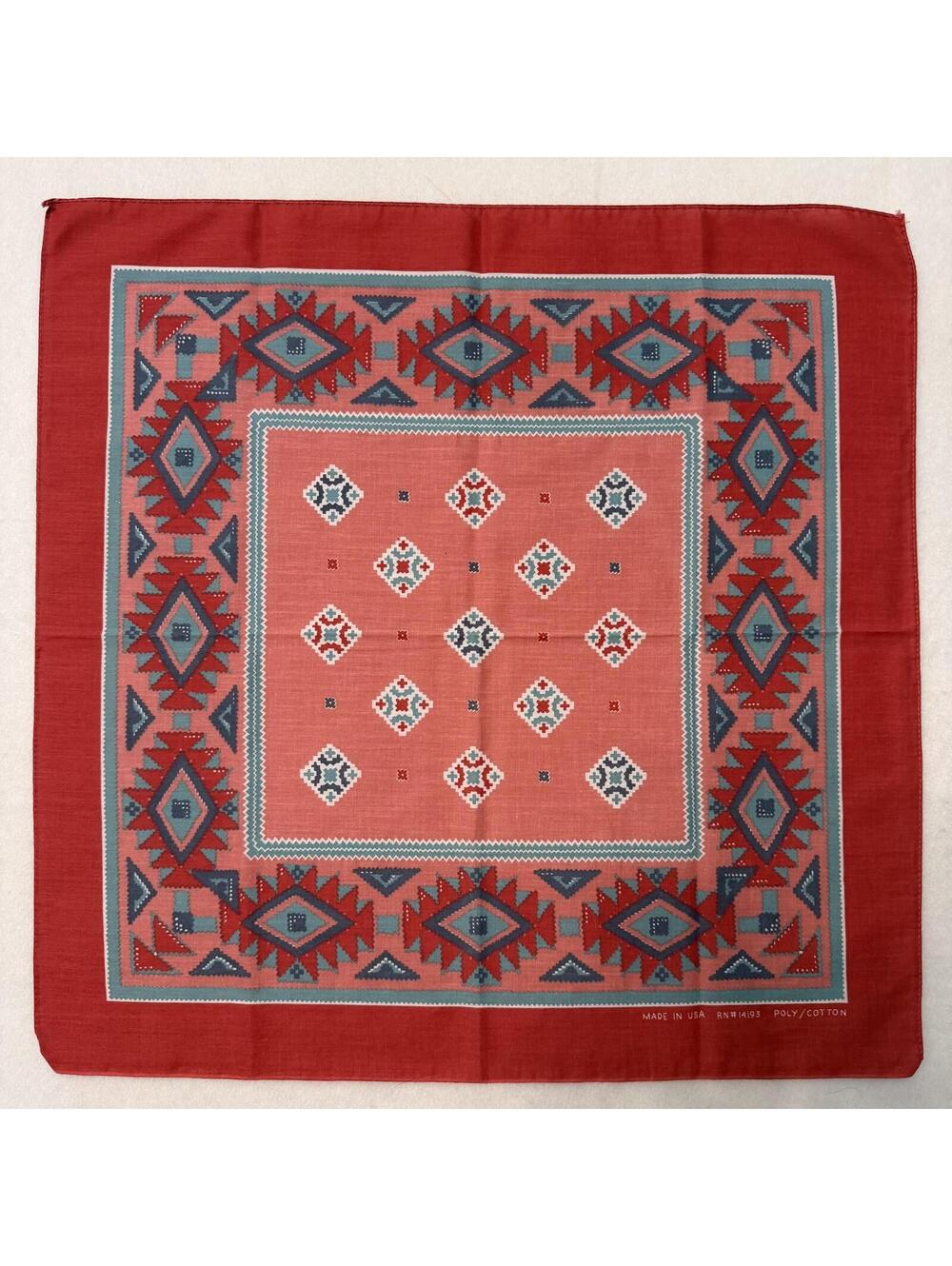 Vintage Bandana USA Made Southwestern Aztec Native Print Coral Blue RN 14193